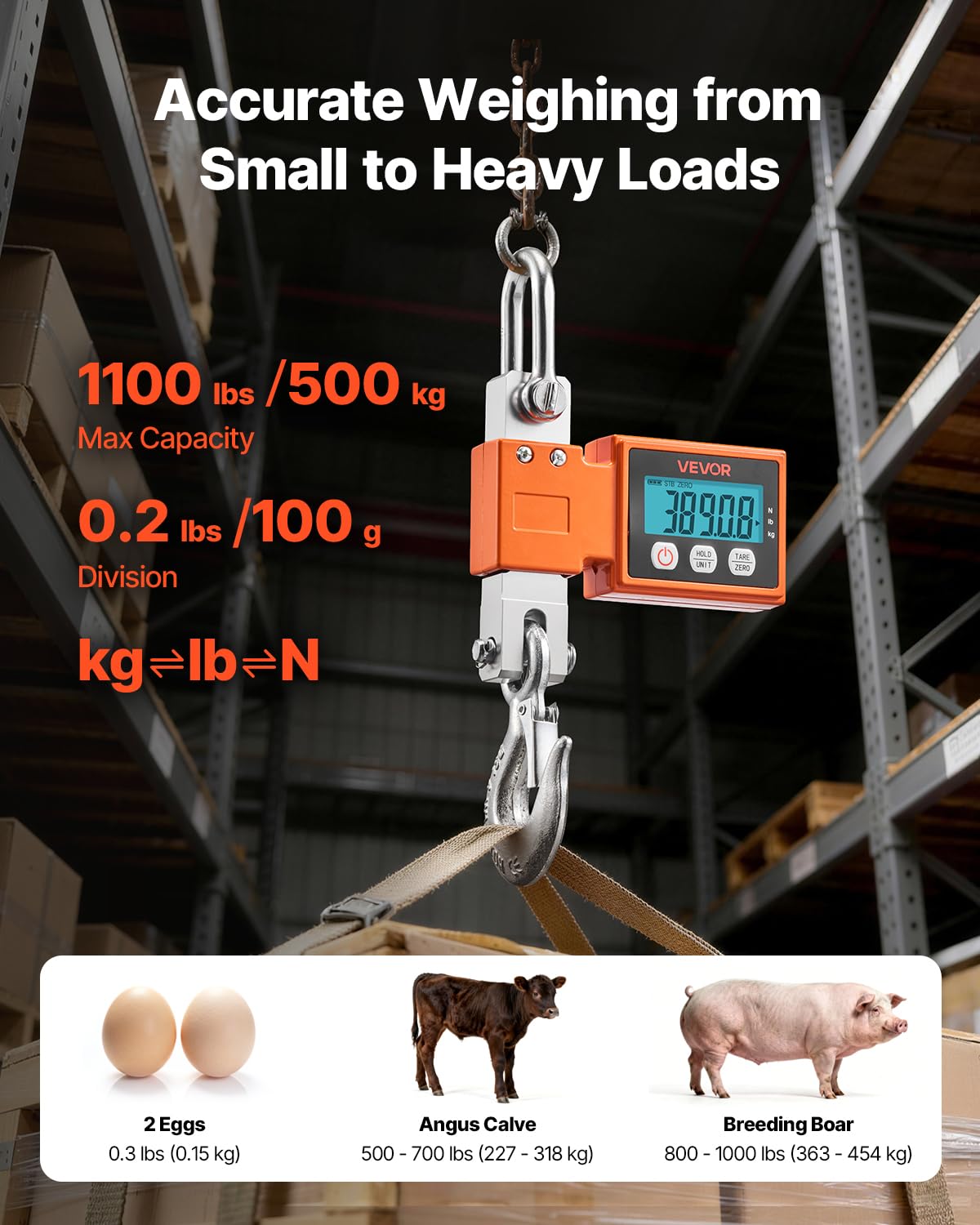 VEVOR Báscula Colgante Digital Carga Máxima 500 kg Resolución 100 g con Tara, Pantalla LCD, Aluminio Fundido, Retención de Pico Datos, Escala Digital de Grúa Portátil para Taller Pesca Almacén Granja