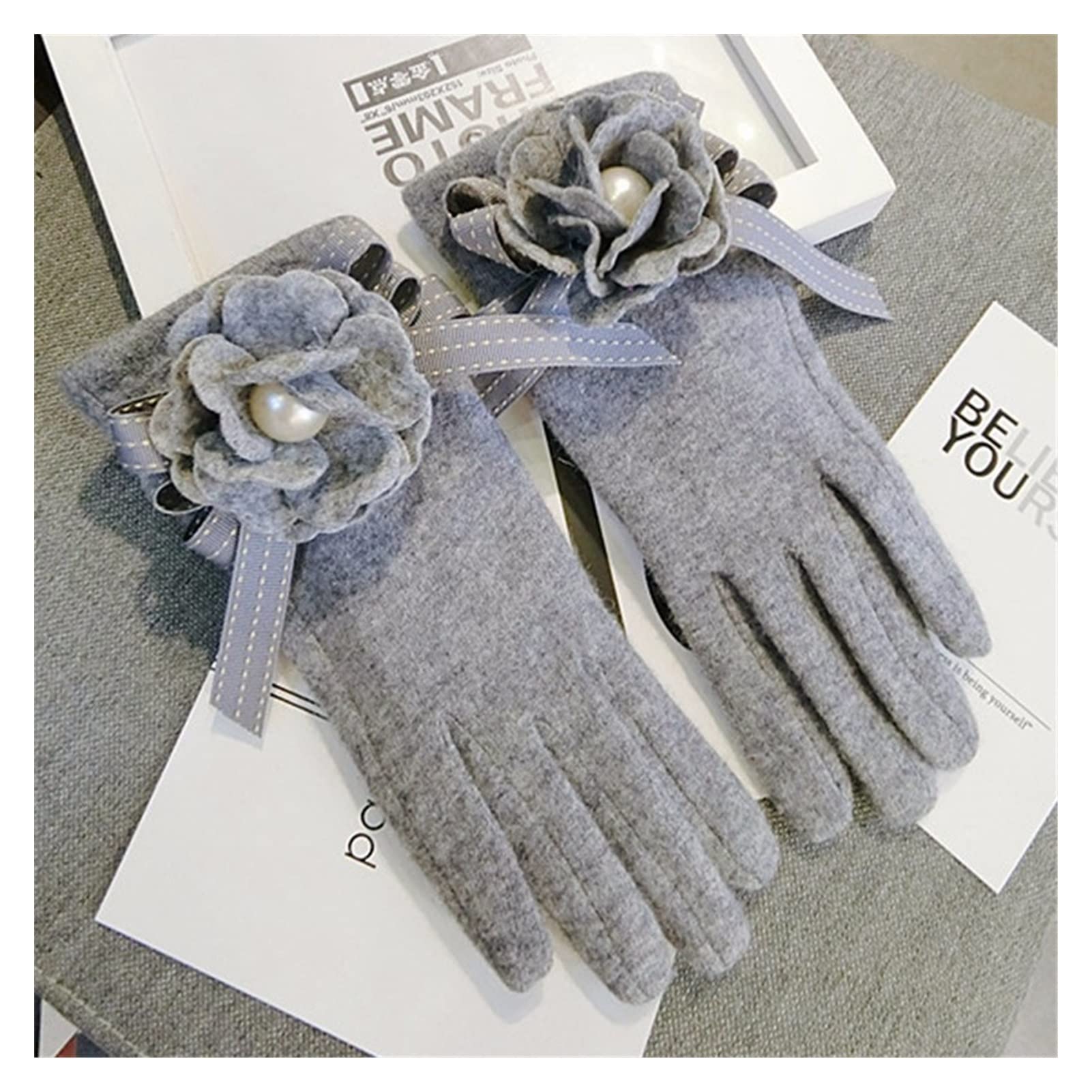 Guantes Invierno Mujer Guantes de Invierno Mujeres Guantes Cashmere Mittens Femenino Flower Flower Warm Wool Guantes Mujeres Conduciendo Guantes Guantes Esqui (Color : Black)