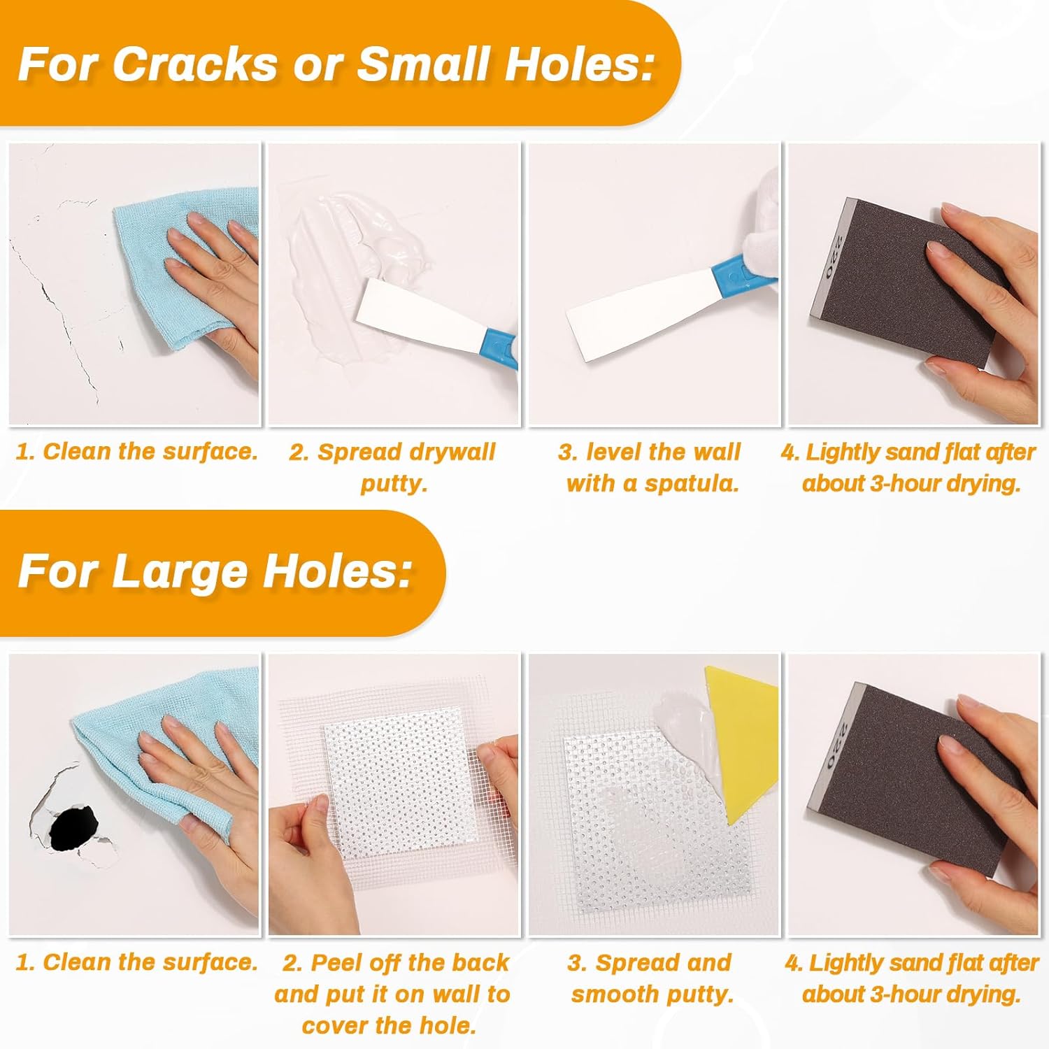 Drywall Repair Kit, Wall Surface Hole Patch Repair Kits with 12OZ White Putty Hole Filler, Fix Wall Surface and Creak Damage with Scraper, Sanding Pad Fill Quick and Easy Solution