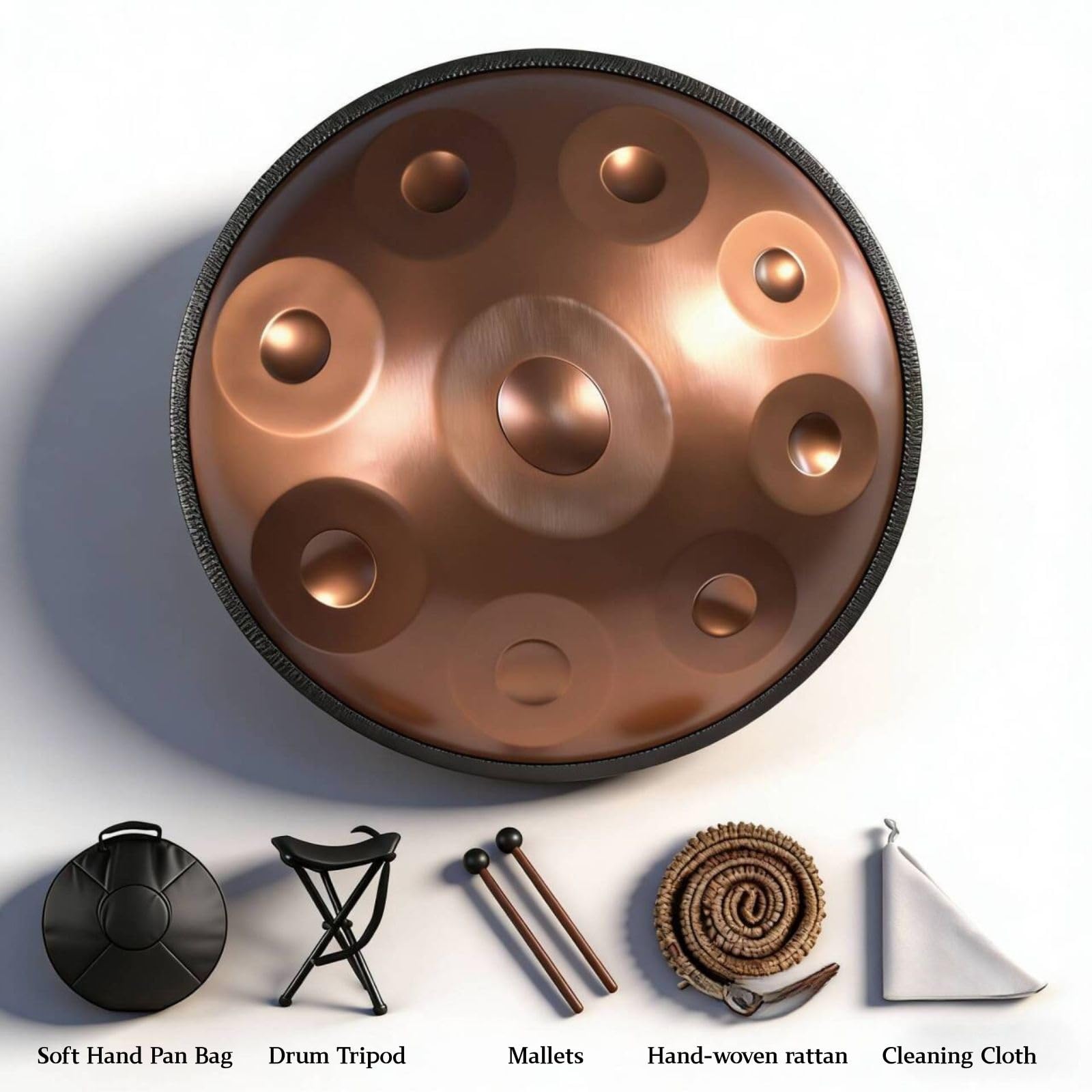 Handpan 9/10/12 Note Re Minore Tamburo in Acciaio per Adulti Handpan 440Hz/440Hz 22 Pollici Tongue Drum per Meditazione Principianti con Borse Bacchette Tripode(Silver2,440HZ/10 Note)