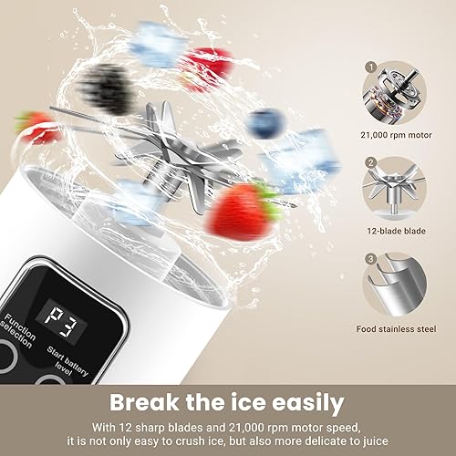 Miniatura 3 de Licuadora portátil personal eléctrica USB, exprimidor portátil de 16.9 fl oz, licuadora pequeña, mezcla, compacta, conveniente y versátil (blanco)