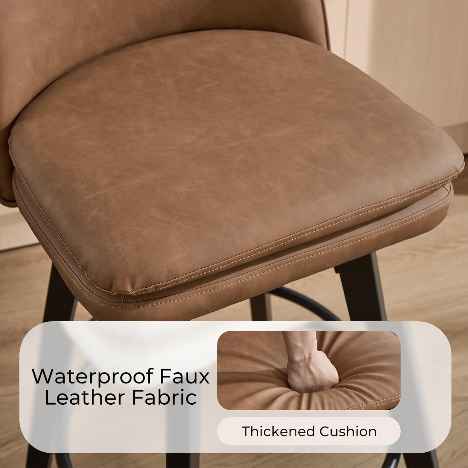 Counter Height Stools Set of 2, Faux Leather 26”H Upholstered 360° Swivel Bar Stool with Backrest, Modern Bar Chair with Wood Legs for Kitchen Island, Home Bar, Brown