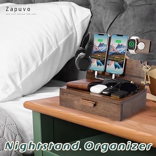 Miniatura 3 de ZAPUVO Regalos para él, día de San Valentín, estación de acoplamiento de madera para teléfono con cajón, organizador de mesita de noche para