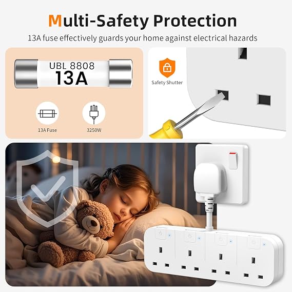 Multi Plug Extension Socket 4 Way with Flexible Plug, 4 Gang Plug Adapter UK with Individual Switches, Short Small Extension Adaptor for Home, Kitchen. White