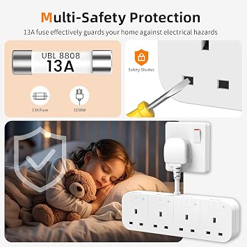Multi Plug Extension Socket 4 Way with Flexible Plug, 4 Gang Plug Adapter UK with Individual Switches, Short Small Extension Adaptor for Home, Kitchen. White