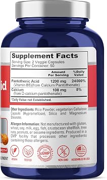 Vitamin B5 Pantothenic Acid, Vegan, Non-GMO, 1200mg, 100 Caps - 50 Servings | Dietary Supplement Formula, Pantothenic Acid & Calcium, Suitable for Adults, Manufactured in a cGMP Registered Facility USA