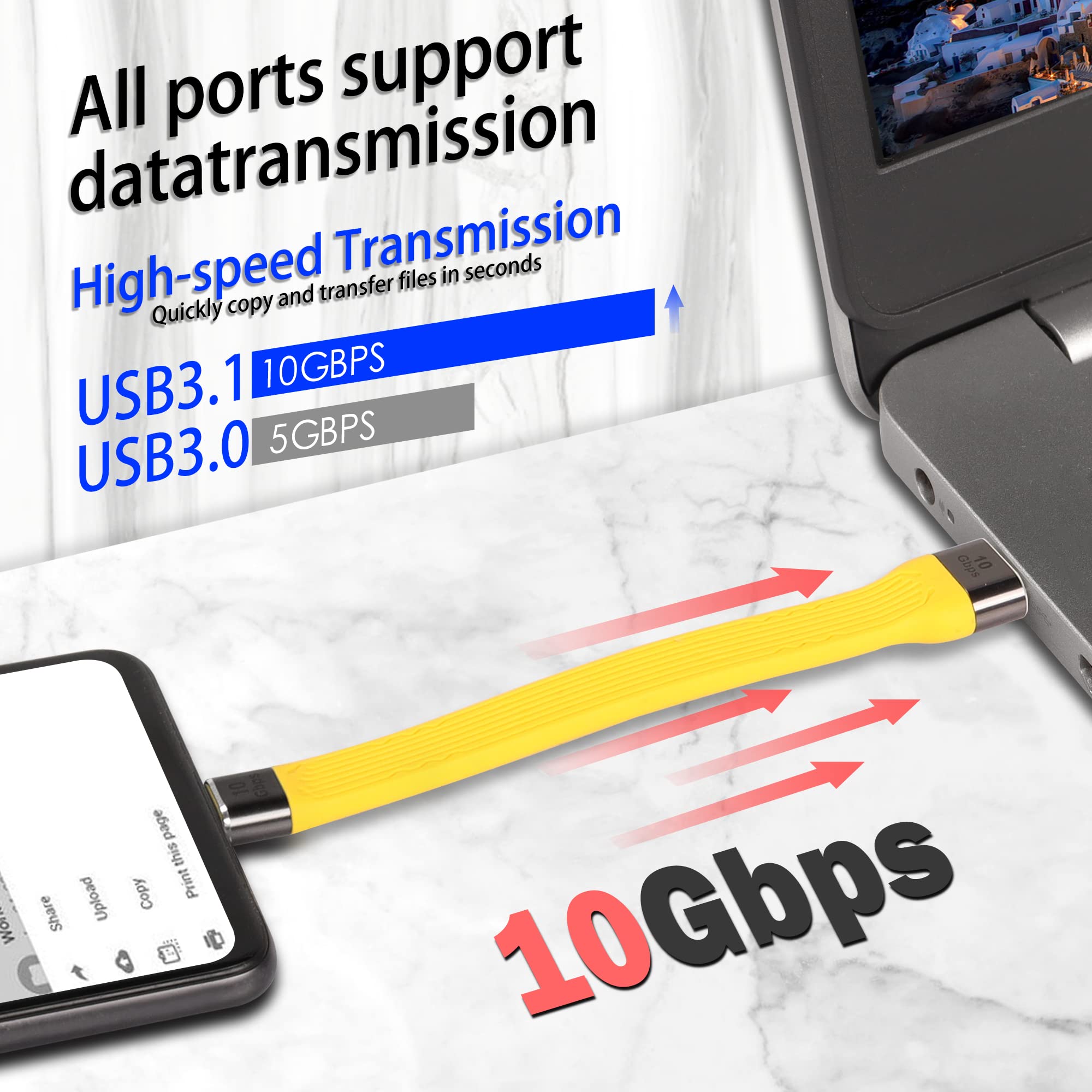 10Gbps USB-C Kabel Kurz, 13 Cm, Mit 100W PD & 4K@60Hz, Weiches Flachkabel Für Smartphone, Laptop & Powerbank