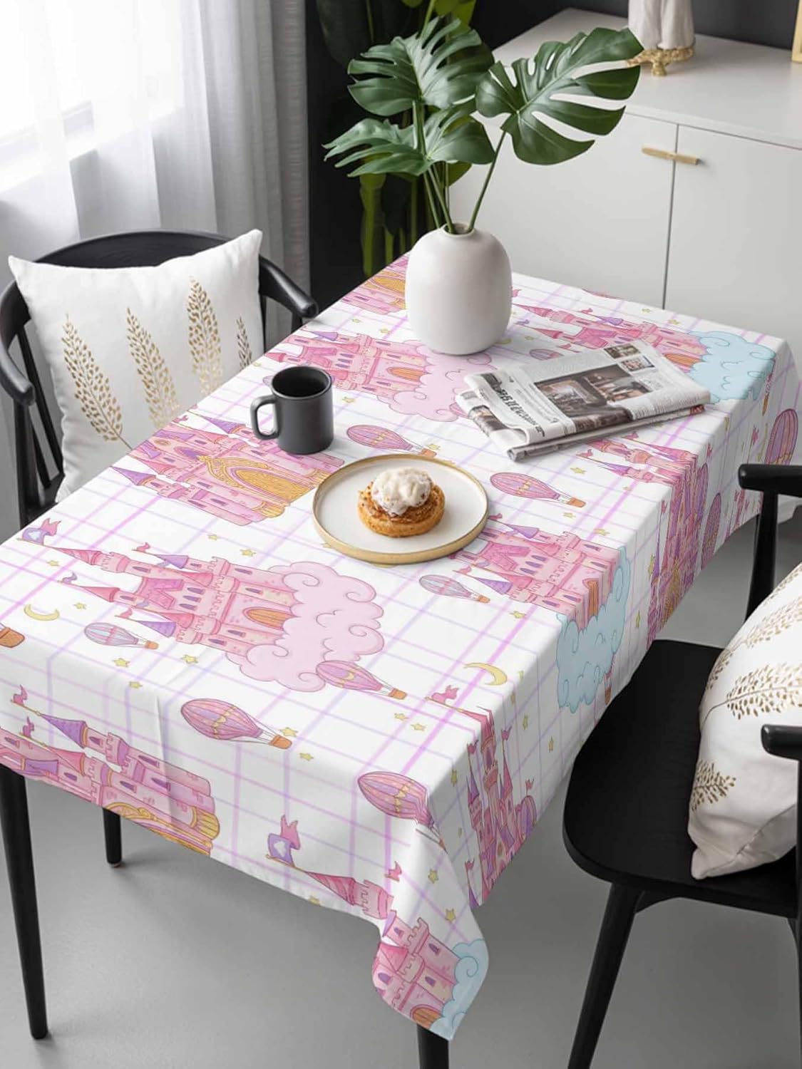 Children's Day Waterproof Table Cloth Pink Castle Hot Balloons Moon Star Plaid Waterproof & Wrinkle Table Cover, Washable Polyester Soft Fabric Table Cloth for Outdoor Indoor Parties