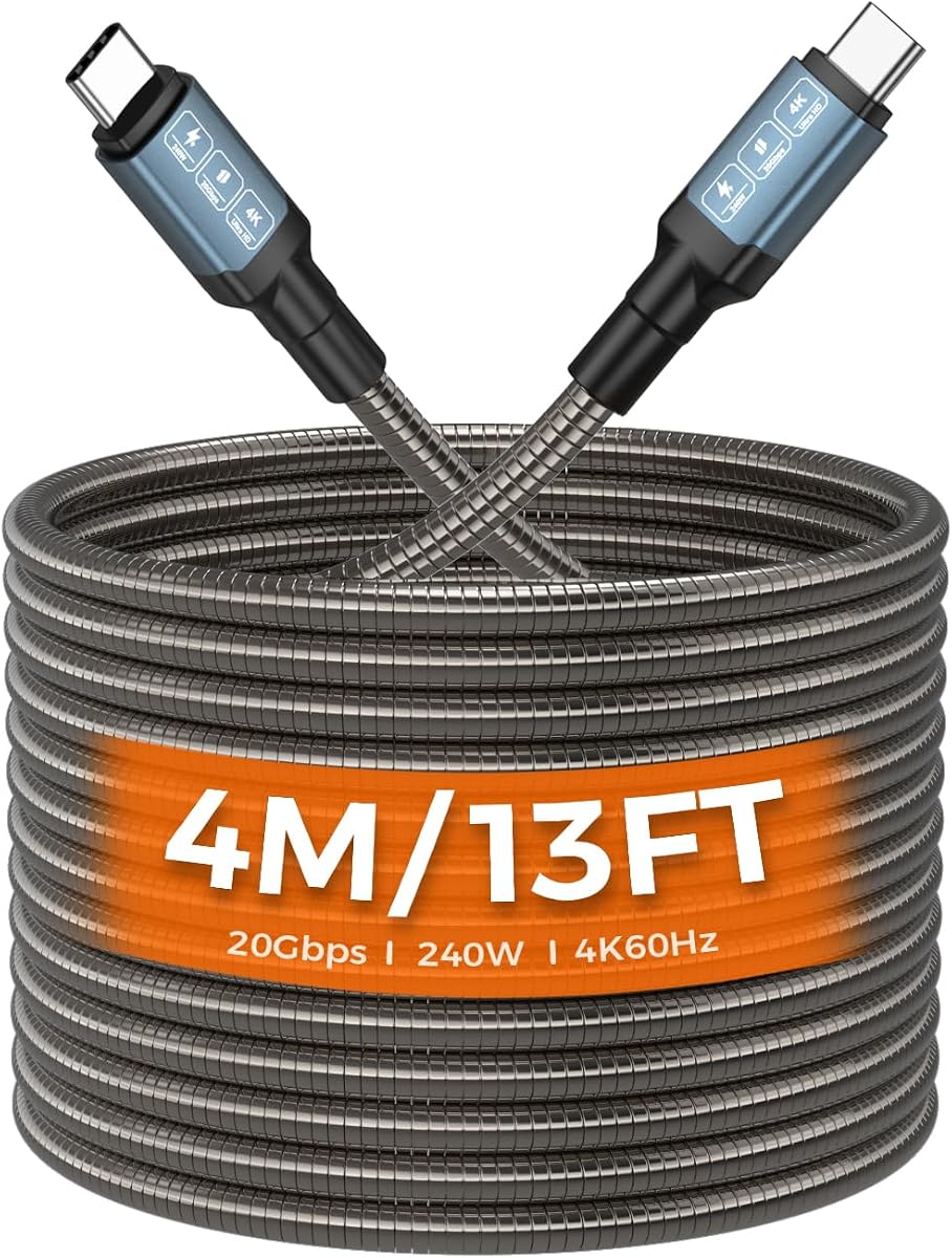 Cable USB-C a USB-C de 13 pies, 240 W, datos de 20 Gbps, vídeo 4K 60 Hz, trenzado de metal | Cable de carga a prueba de mordeduras y perros; Diseño indestructible y resistente para iPhone 17 Pro Max, MacBook y monitores