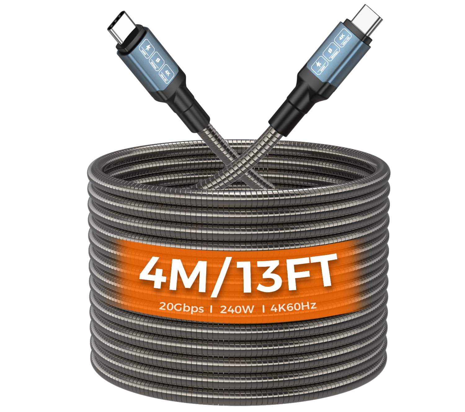 13ft 240W 20Gbps USB C to C Cable, Metal Braided Chew Proof, 4K@60Hz Video, Heavy Duty PD Fast Charging Cord for iPhone 17 Pro Max, MacBook, Monitor