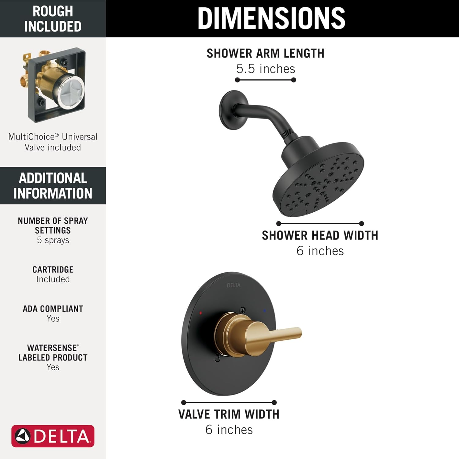 Delta Faucet Nicoli 14 Series Single-Handle Shower Faucet with 5-Setting H2Okinetic Shower Head, Nicoli Widespread Bathroom Sink Faucet 3-Hole, Matte Black/Champagne Bronze (Shower Valve Included)