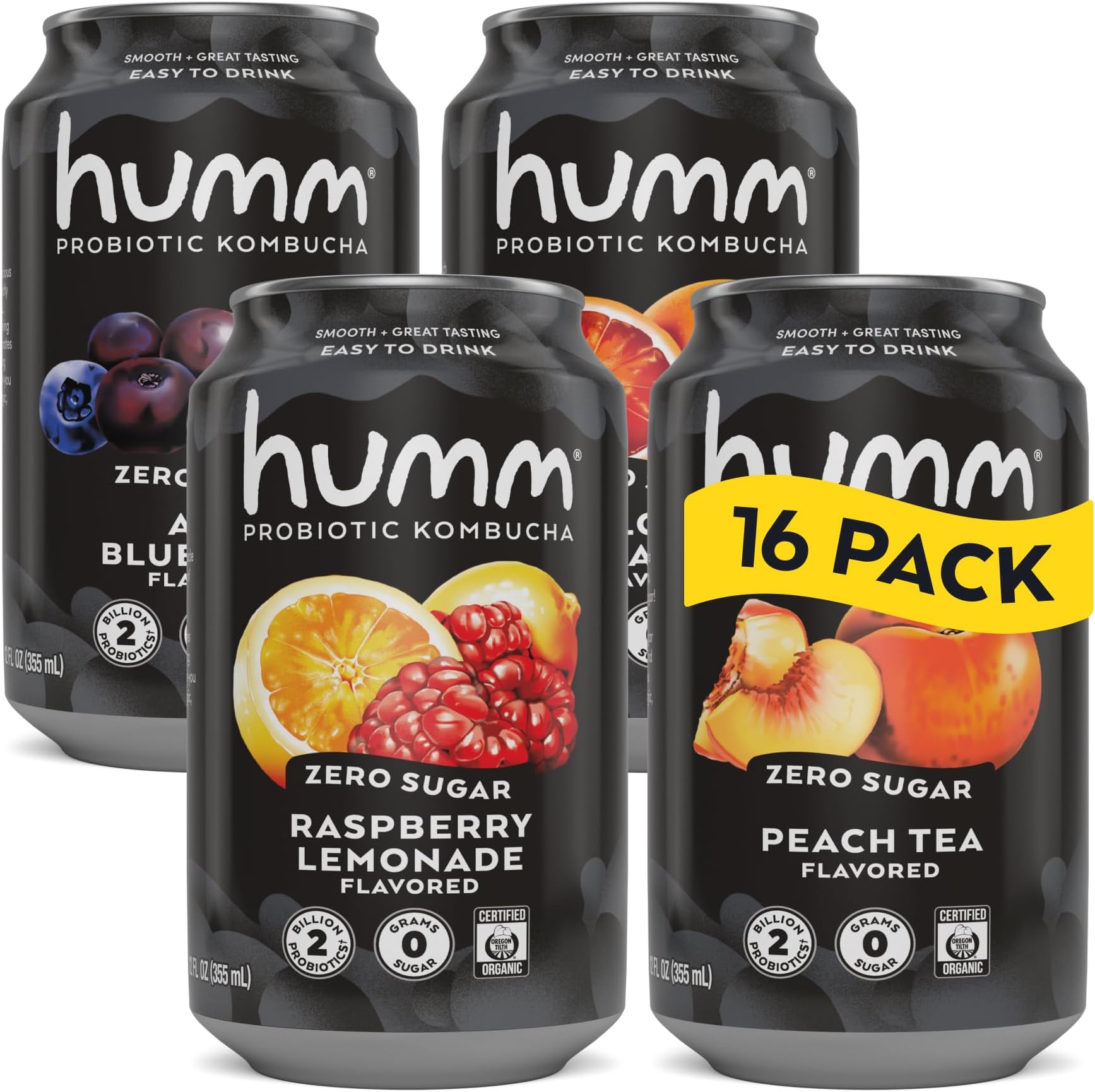 Humm Probiotic Kombucha Zero Sugar Variety Pack, No Refrigeration Needed, Keto Friendly, Organic, Vegan, Gluten Free, 12oz Cans (16 Pack)