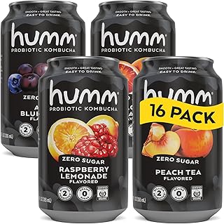 Humm Probiotic Kombucha Zero Sugar Variety Pack, No Refrigeration Needed, Keto Friendly, Organic, Vegan, Gluten Free, 12oz Cans (16 Pack)