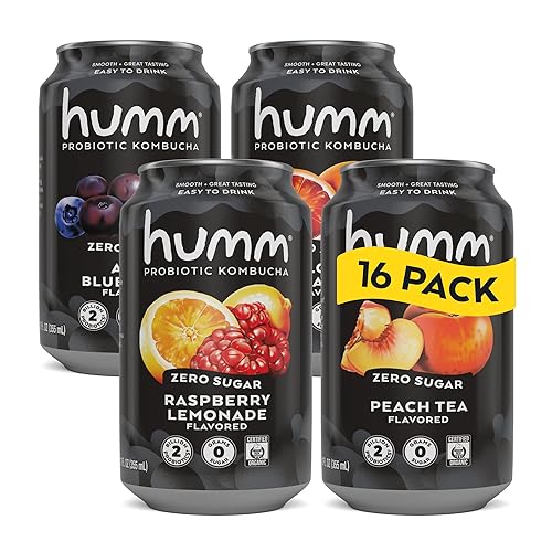 Humm Probiotic Kombucha Zero Sugar Variety Pack, No Refrigeration Needed, Keto Friendly, Organic, Vegan, Gluten Free, 12oz Cans (16 Pack) - Variety Pack - 12 Fl Oz (Pack of 16)