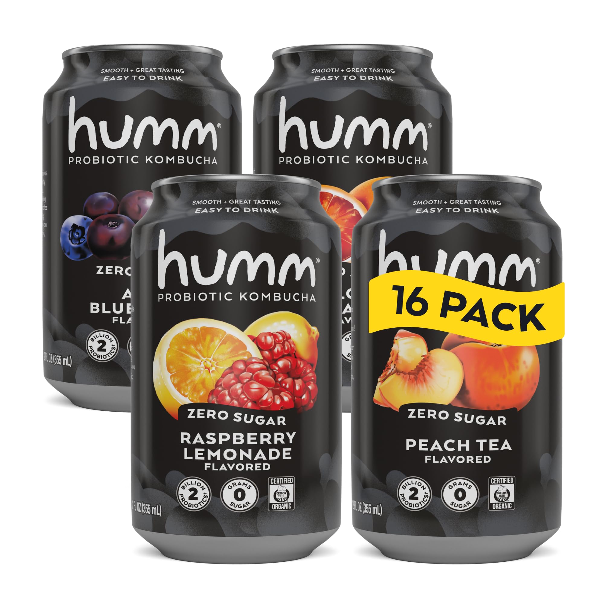 HummProbiotic Kombucha Zero Sugar Variety Pack, No Refrigeration Needed, Keto Friendly, Organic, Vegan, Gluten Free, 12oz Cans (16 Pack)