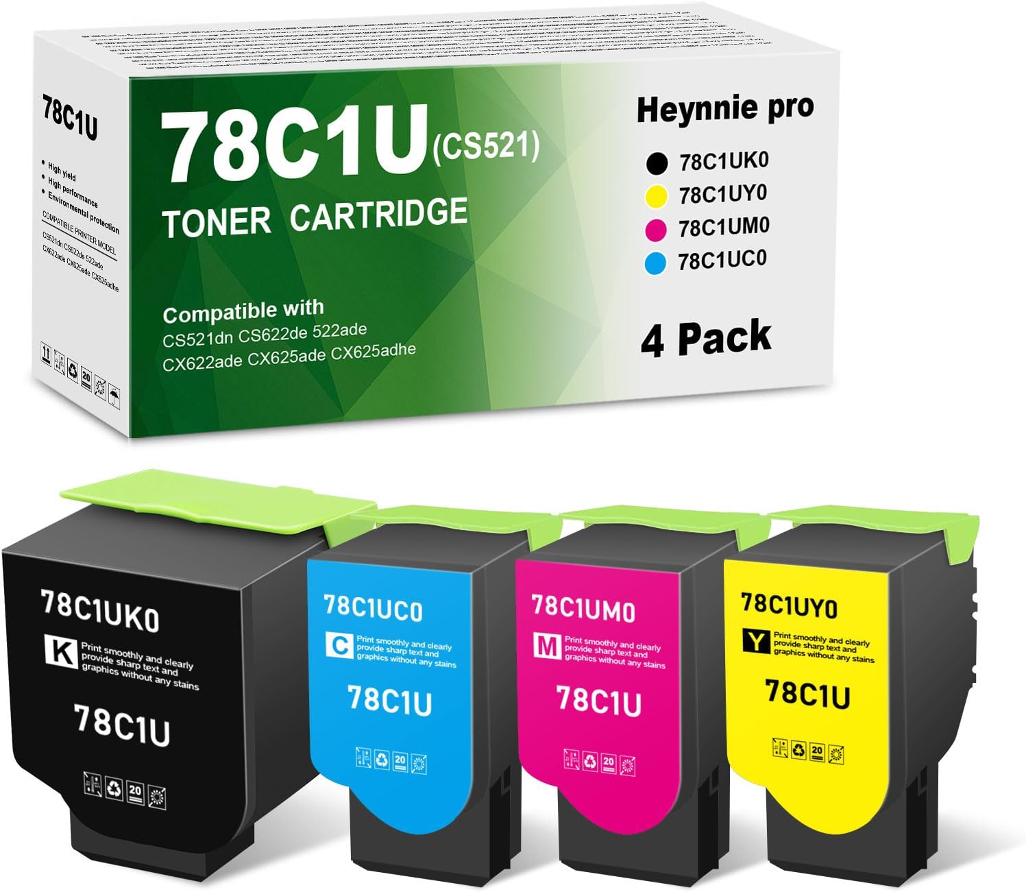 Remanufactured High Capacity 78C1UK0 Toner Cartridge Replacement for Lexmark 78C1UK0 78C1UC0 78C1UY0 78C1UM0 for CS521 CS521dn CS622de CX622ade CX625ade CX625adhe Printer (4-Pack)