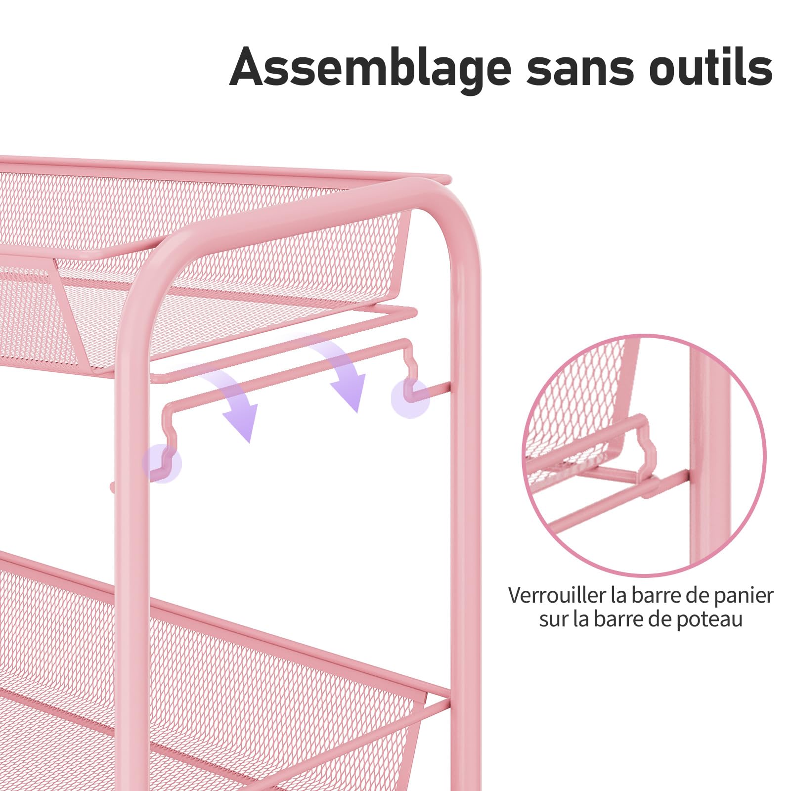 Urackify Chariot de Cuisine a 3 Niveaux pour Salle de Bain, Cuisine et buanderie. Métal résistant à la Rouille, Panier en Maille Respirante et Crochets latéraux Inclus. Facile à Installe, Rose