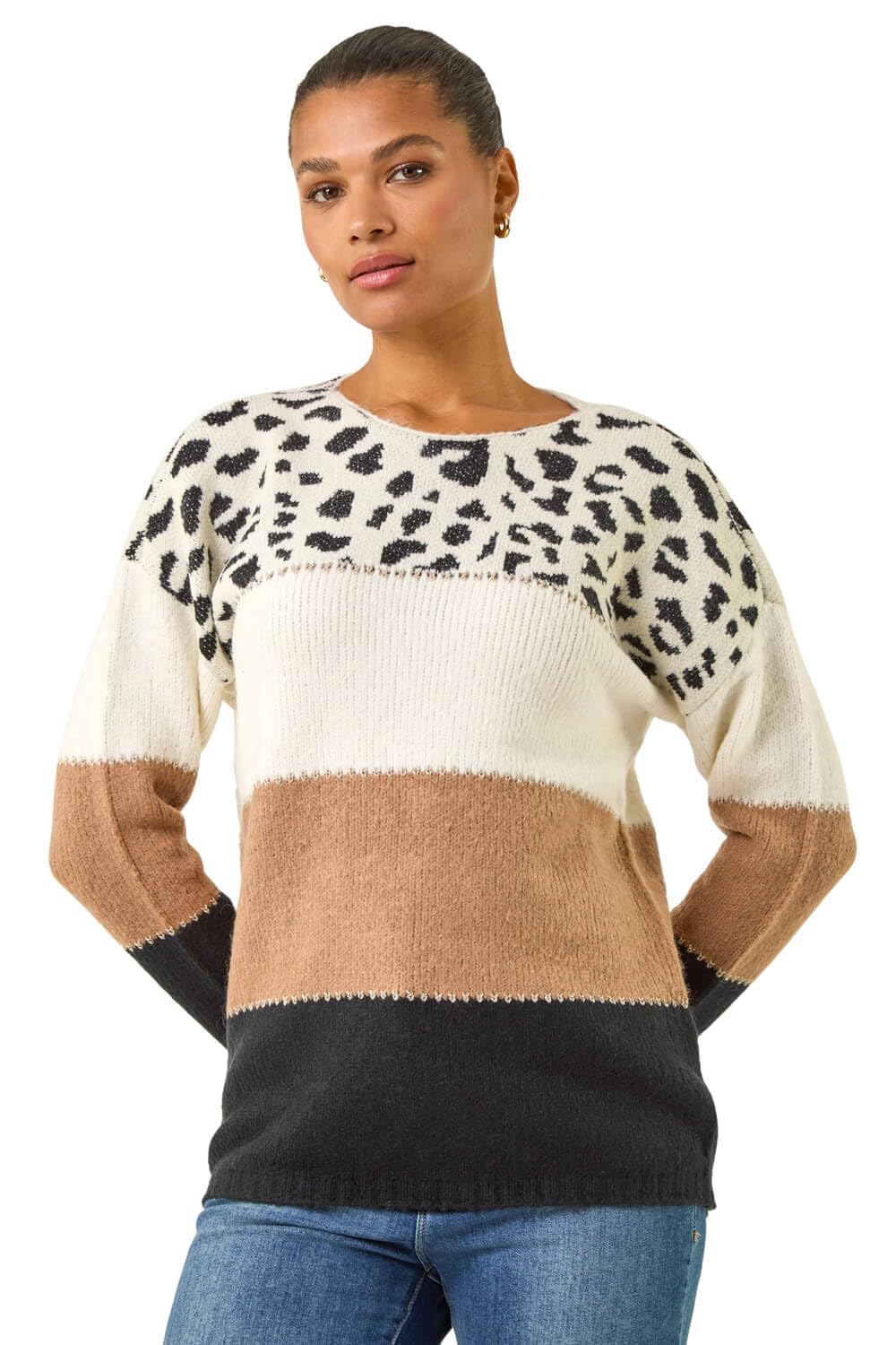 Roman Women's Camel Animal Print Colour Block Jumper In | : Size 20
