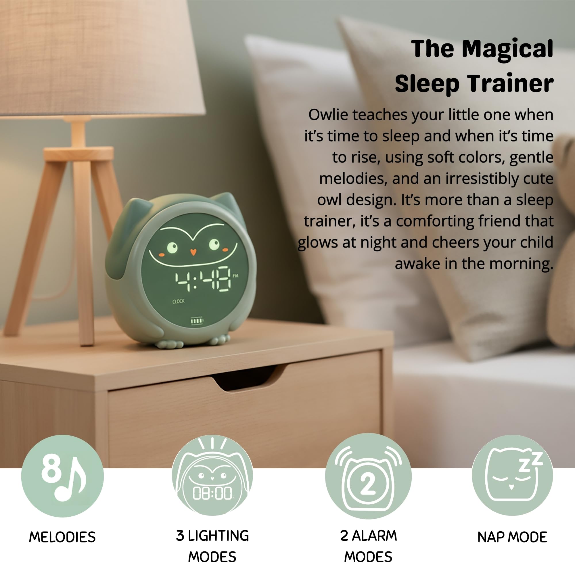 Cloud b Owlie Der Magische Schlaftrainer und Wecker | Schlaftrainings-Uhr für Kinder | 3 Lichtmodi | 4 beruhigende Einschlafgeräusche & 4 sanfte Weckmelodien