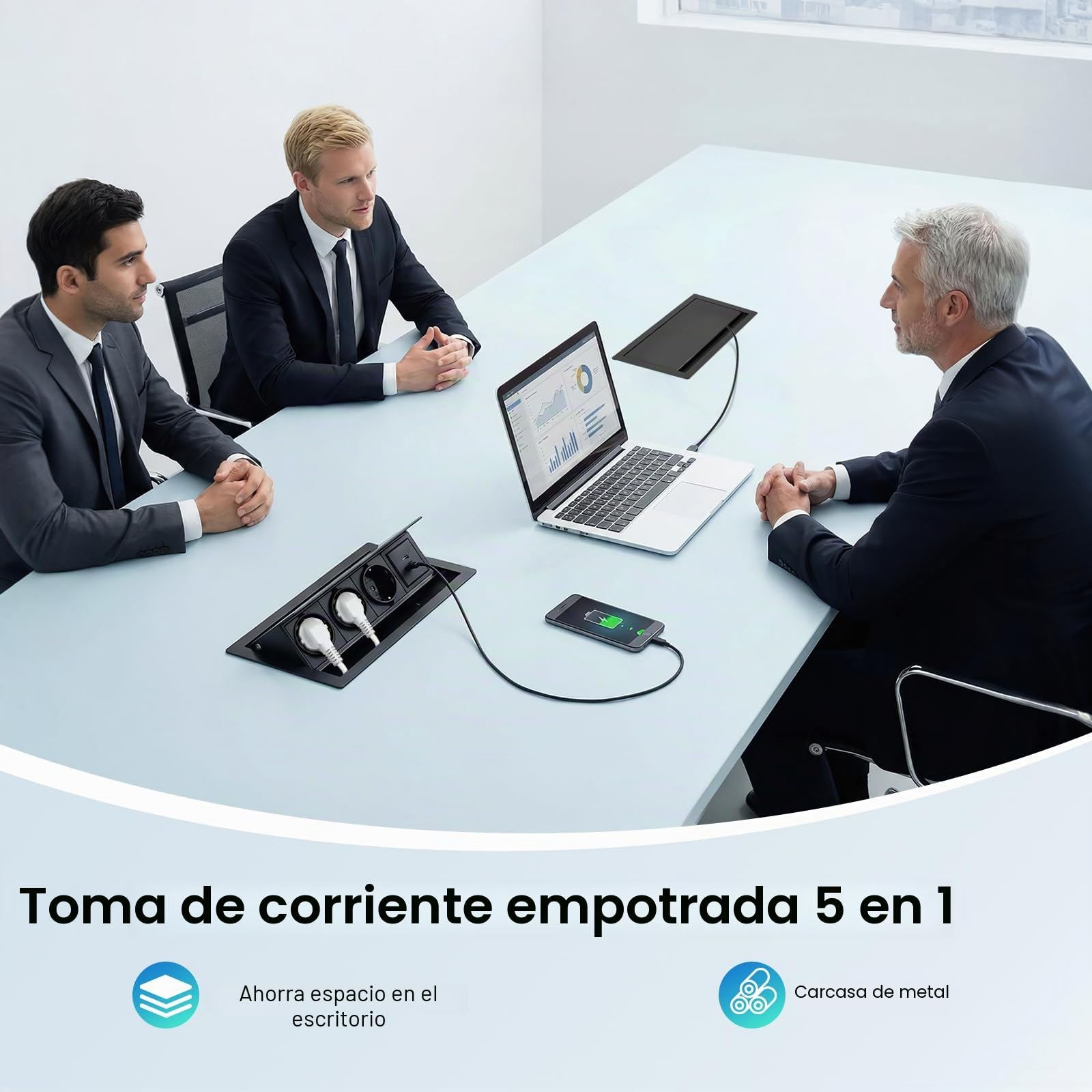 Empotrable Enchufe Mesa, 3 Tomas, Regleta Empotrable con 1 USB-C 1 USB-A, Multipresa Mesa en Aluminio, Cable de Alimentación 2m, 20W USB, para Oficina, Sala de Juegos, Sala Reuniones, Cocina 2500W