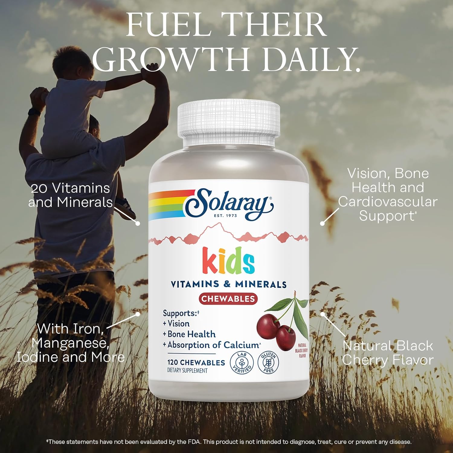 SOLARAY Kid's Vitamins & Minerals, Multivitamin for Kids - Bones, Vision, Heart Health Support w/Vitamin C, Vitamin D and B2, Iron - Gluten Free, 120 Black Cherry Chewables, 60 Servings - Image 3