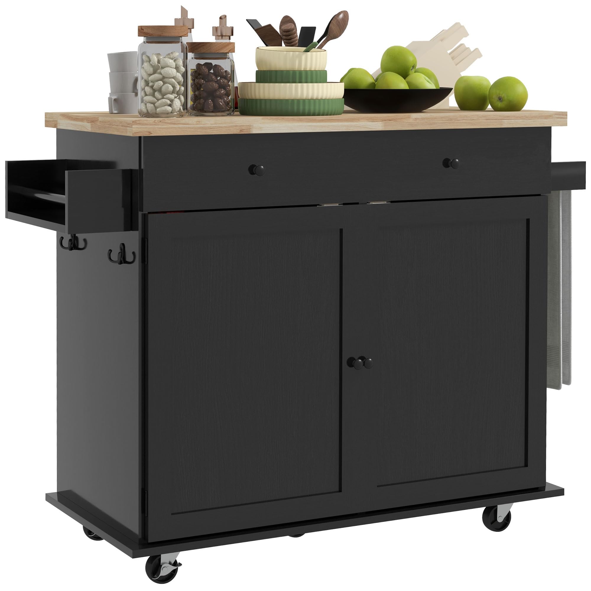 HOMCOM Kitchen Island with Storage, Farmhouse Rolling Kitchen Island Cart on Wheels with Drawer, 2 Cabinets, Rubberwood Top, Spice Rack, Towel Racks and 2 Hooks, Black