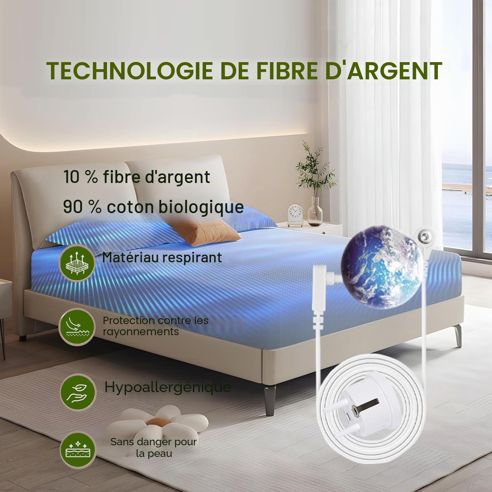 RIQINXIN Drap-Tapis de Mise à la Terre Grounding Sheet 10% Fibre d'argent & 90% Coton Bio - pour Un Environnement de Sommeil Haut de Gamme Béige (158x200cm)
