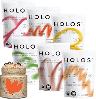 HOLOS Organic Overnight Muesli - Variety Pack (12 meals) Muesli Cereal - Organic, Vegan, 20g Plant Proteins, Gluten Free, High Fiber, Probiotics, Vitamins & Minerals (90g bag)