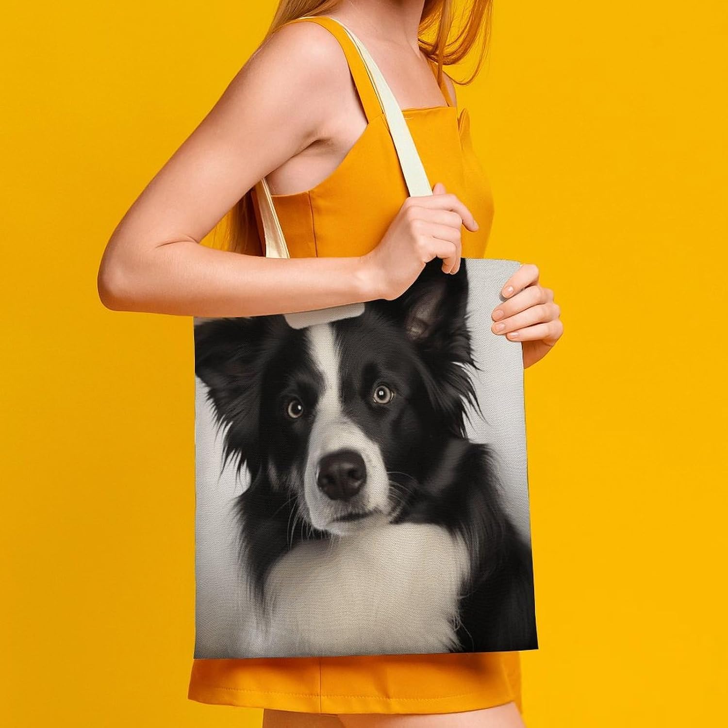 Canvas Tote Bag 16x15 In Lightweight Foldable Shoulder Hobo Purse | Border Collie, Casual Tote with 10" Strap, Everyday Carryall, for Travel Work Grocery Shopping Beach Mark Gym Yoga
