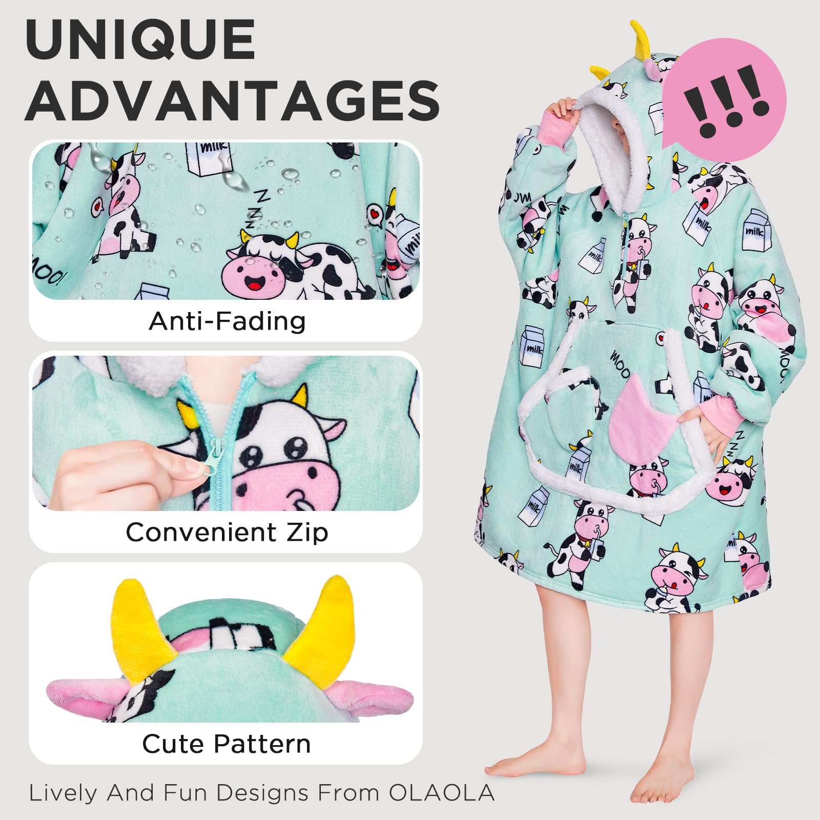 OLAOLA Cow Wearable Blanket Hoodie for Adults Oversized Fleece Sherpa Sweatshirt - Image 3