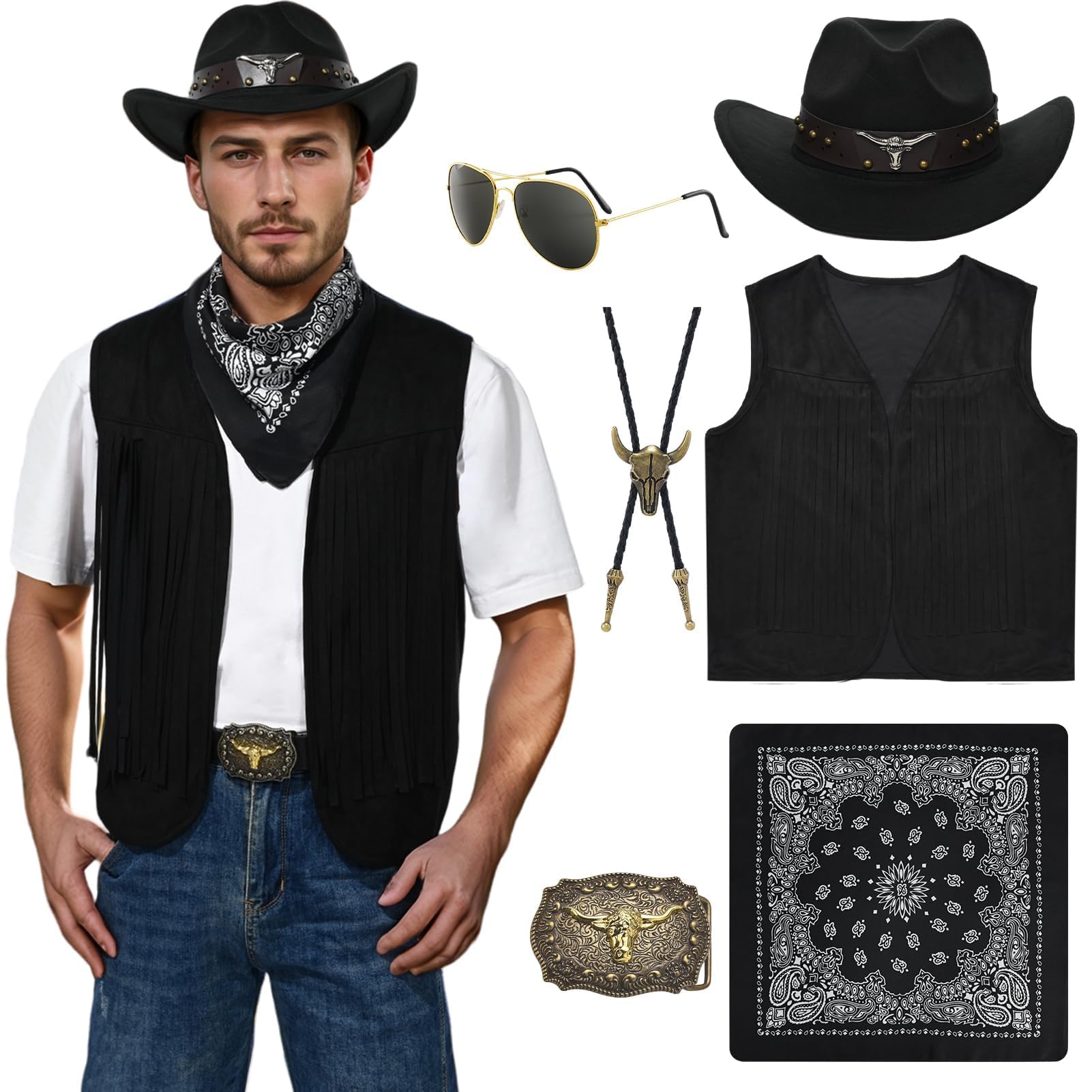 Aleshime Cowboy Costume for Men - Adult Cowboy Fancy Dress Outfit with Hat, Neckerchief, Waistcoat, Belts Buckle, Cowboys and Indians Fancy Dress Adult Wild West Dress Up Costumes (Black, L)