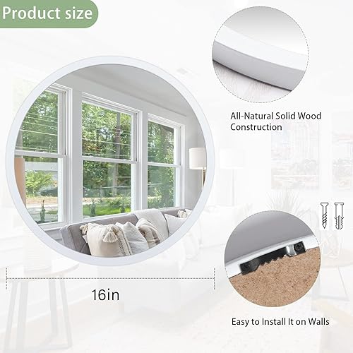 Miniatura 2 de Espejo de pared circular de 16 pulgadas, espejo de pared redondo para baño, espejo de granja blanco para baño, espejo de marco de madera montado en