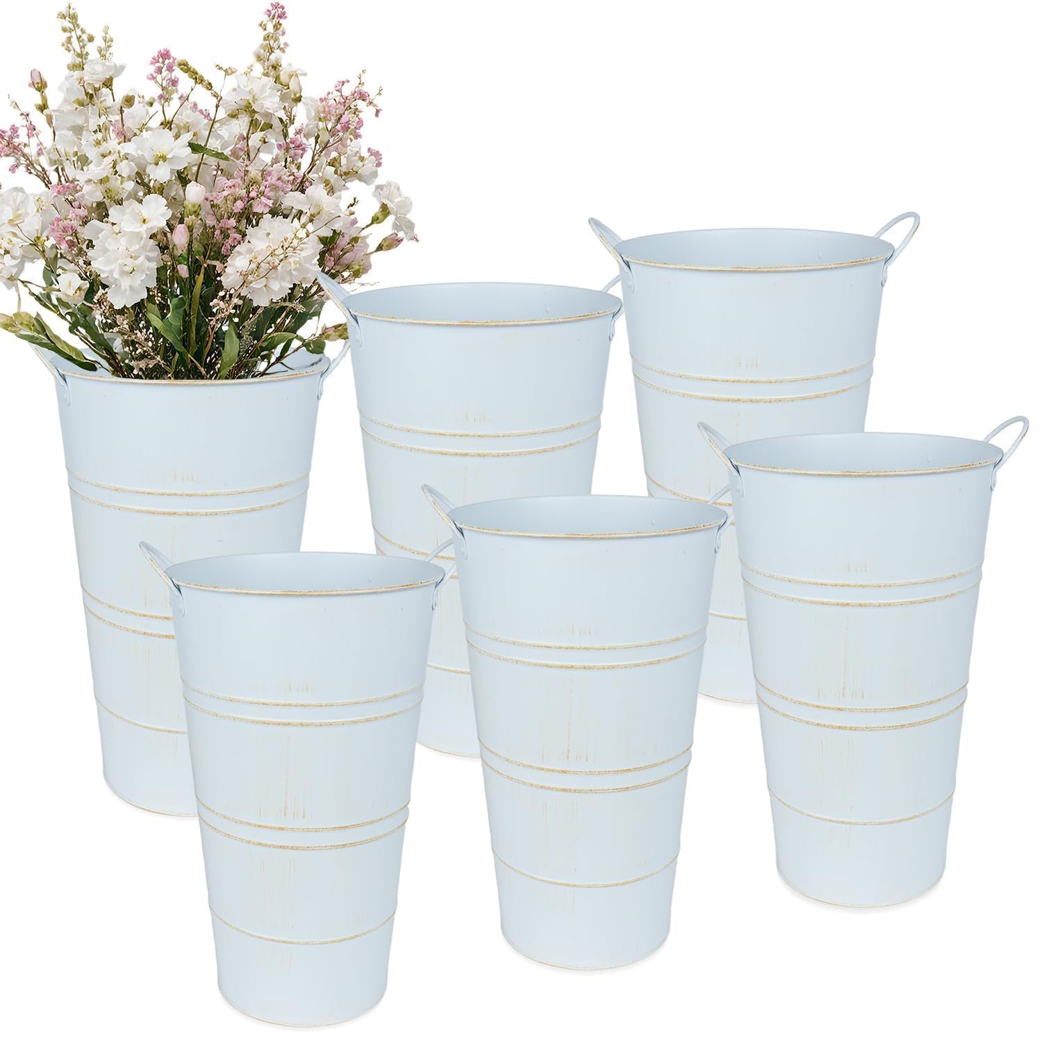 Photo 1 of 12 Inch Galvanized Metal Vases for Flowers - 6 Pcs Farmhouse Decorative Tall Flower Bucket with Handles, Rustic French Tin Planter Buckets for Wedding Decor (Rustic White)