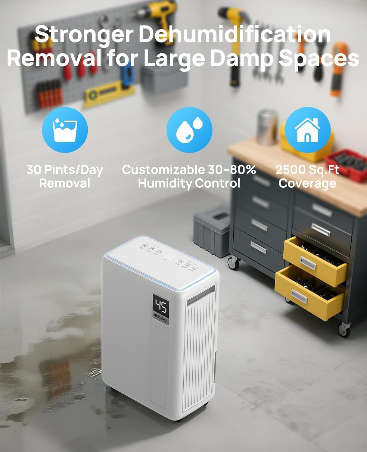 30 Pint Dehumidifier for Basement, 2500 Sq. Ft Dehumidifiers for Home with Drain Hose, 3 Modes, Smart Humidity Control, 24H Timer, 0.52 Gal Water Tank, for Whole House, Bedroom, Bathroom, Garage, Rv