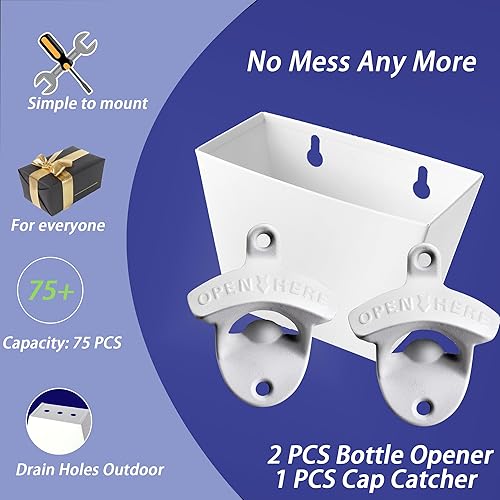 Miniatura 2 de Abrebotellas de cerveza de montaje en pared blanca al aire libre con cubo colector de tapa con agujeros de drenaje