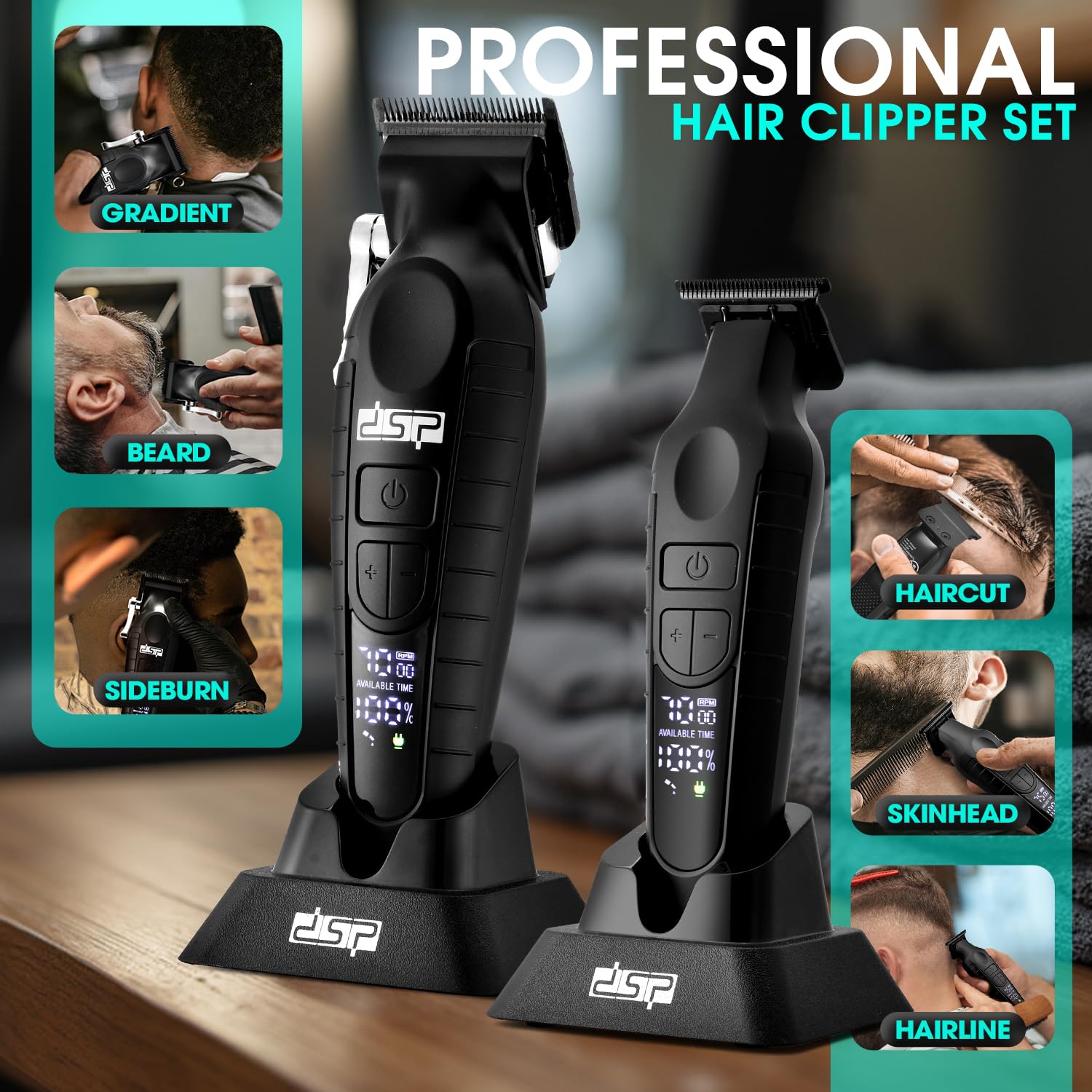 Kit cortapelos profesional DSP, pantalla LED sin cable, cuchillas de acero inoxidable recubiertas de DLC, silencioso ≤68dB, carga rápida - Set de cuidado para cortar el pelo en casa