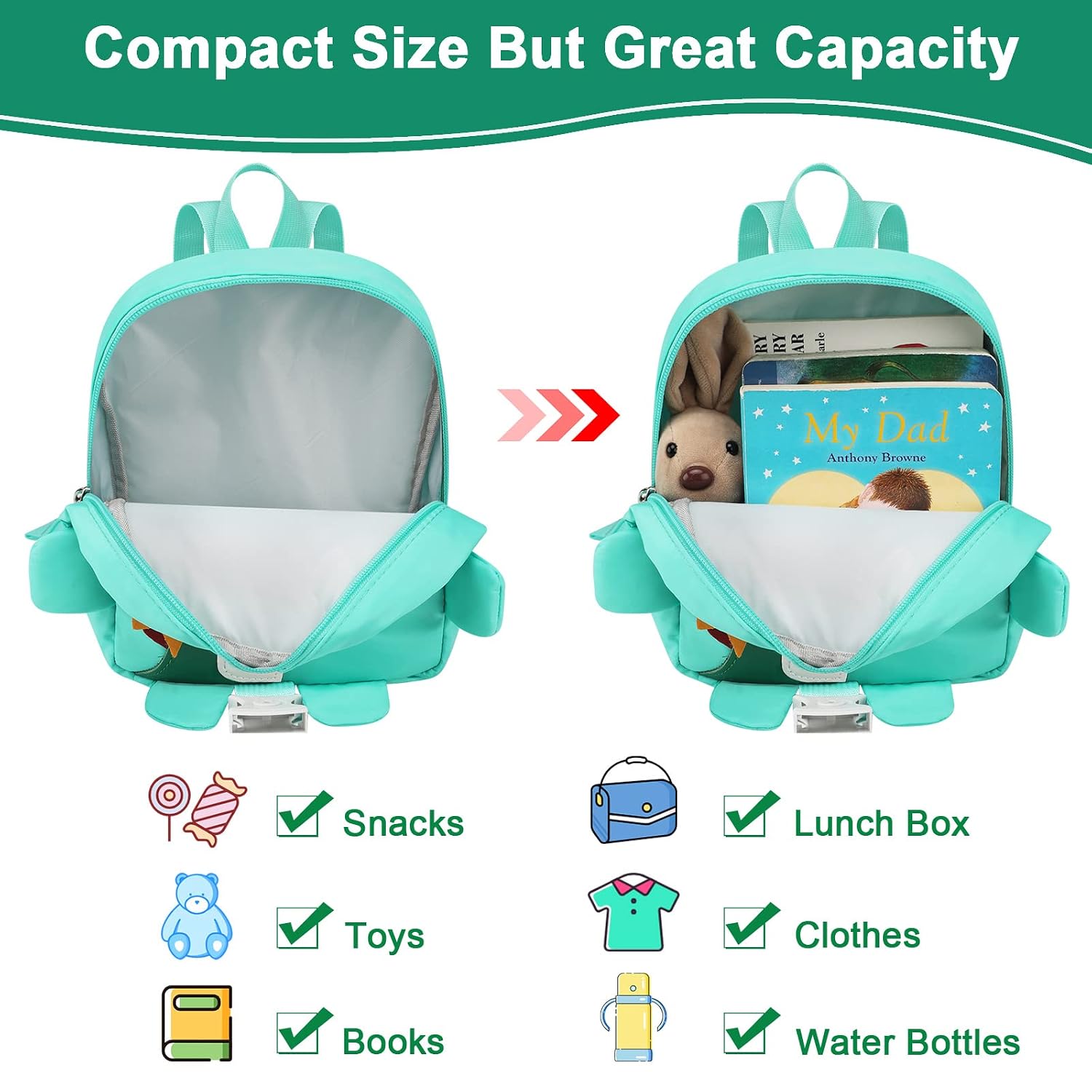Accmor Toddler Harness Backpack with Leash, 4 in 1 Kid Dinosaur Backpacks with Anti Lost Wrist Link, Child Harnesses Leashes for Walking, Cute Toddler Backpack Rope Tether for Boys Girls(Green)