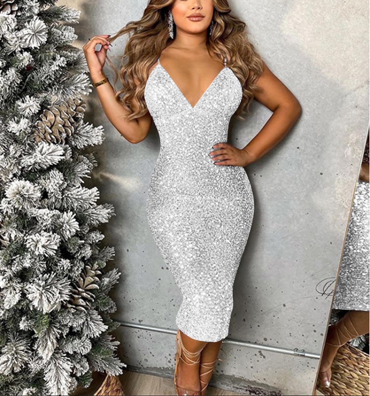 Sexy Sequin Dress for Women Bodycon V Neck Birthday Cocktail Party Pink Black White Sparkly Glitter Bodycon Dresses Nights - Image 3