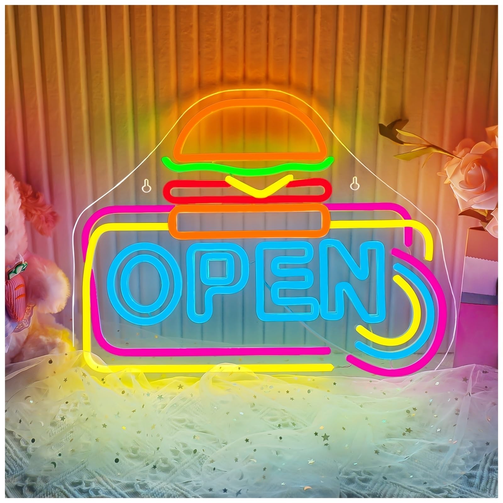 Zynther Neon lamp Hamburger Open Neon LED Sign Burger Shop Business Fast Food Welcome Opening Room Decor(Blue)