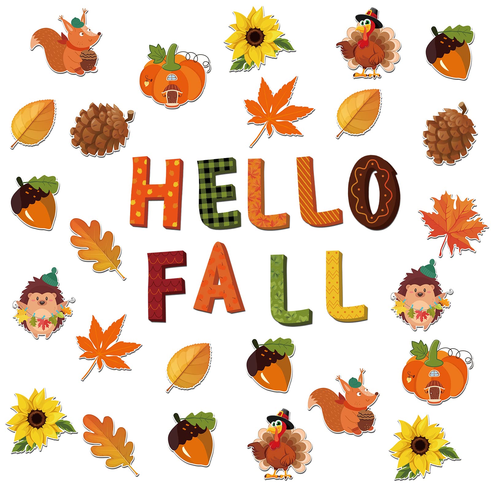 54 Pcs Fall Cutouts Thanksgiving Autumn Classroom Bulletin Border Decoration Hello Fall Pumpkin Maple Leaves Acorn Squirrel Accents Cutouts with Glue Point for Full Theme Thanksgiving Decor