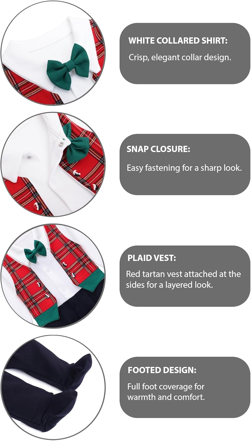 Lilax Baby Boy Gentleman Tuxedo Footie, Christmas Holiday Outfit with Bow Tie, Formal Wedding Long Sleeve Rompers