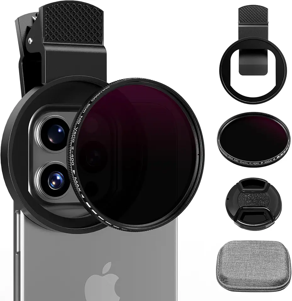 Filtro ND2-ND400 variável de 52 mm com clipe de telefone atualizado, lente de filtro de densidade neutra para iPhone 16/15/14/13 Pro Max Samsung Moto Google TCL, vidro HD dupla face