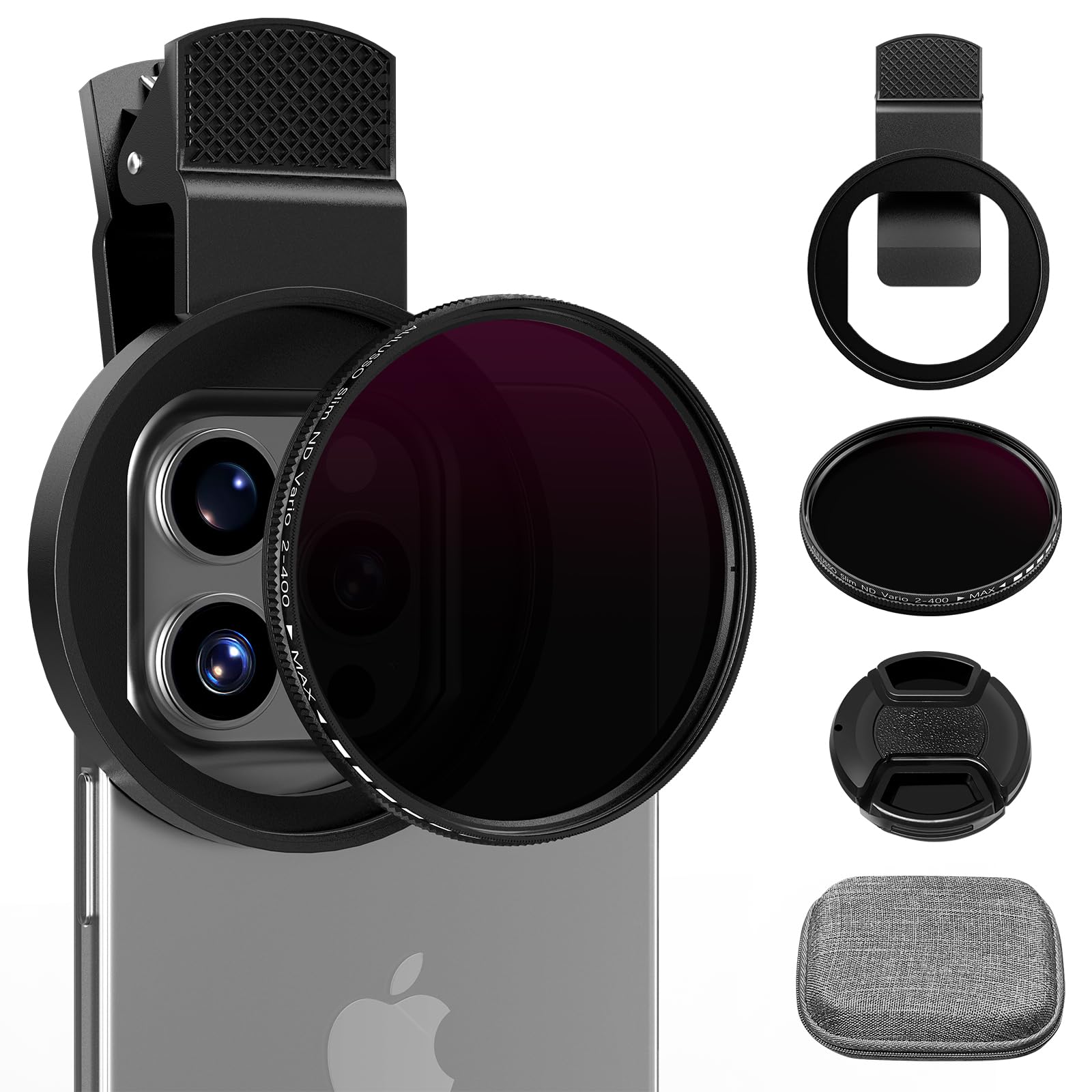 ALILUSSO 52mm Variable ND2-ND400 Filter with Upgraded Phone Clip, Neutral Density Filter Lens for iPhone 16/15/14/13 Pro Max Samsung Moto Google TCL, HD Double-Sided Multi-Coated Glass