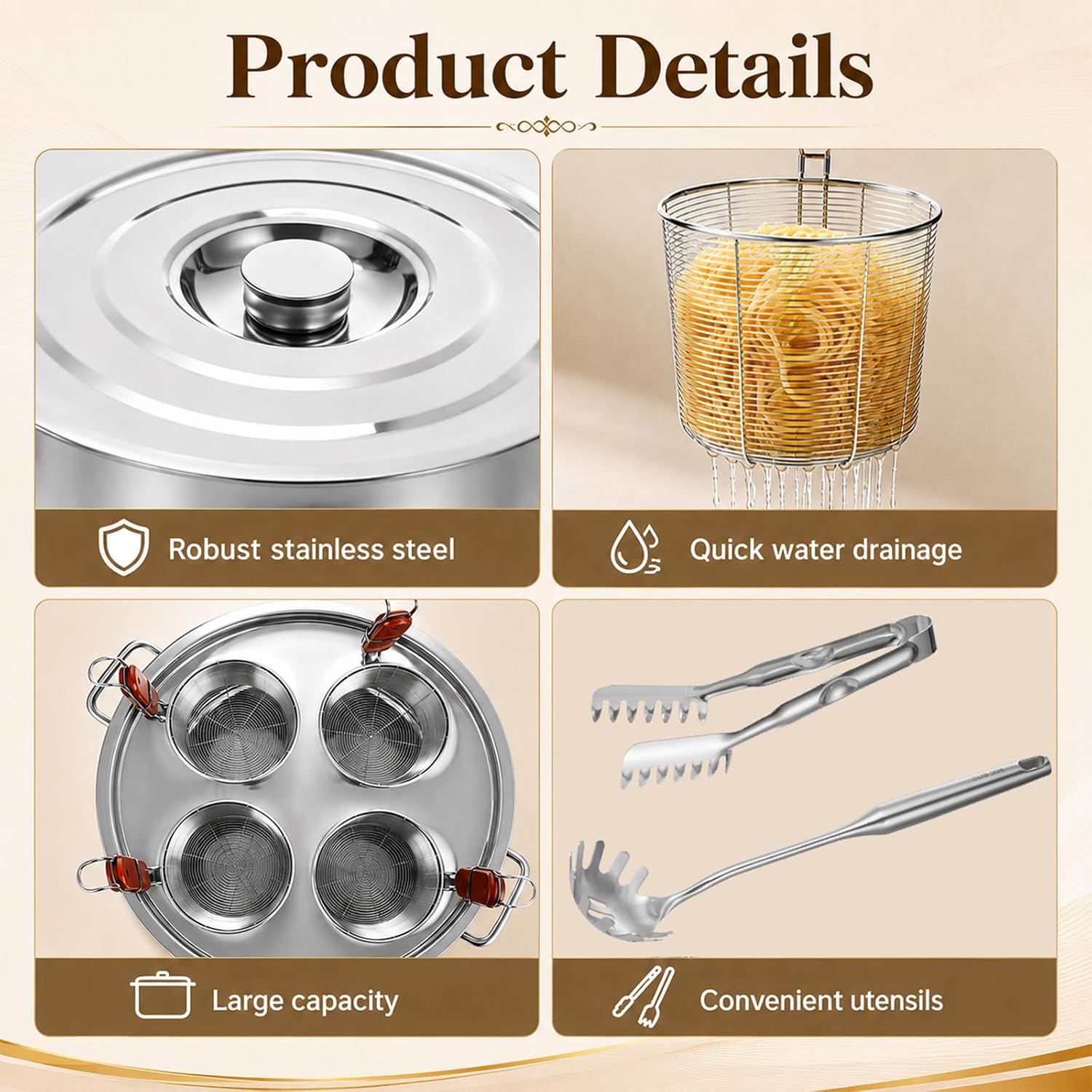 30QT Pasta Pot With Strainer Basket with Food Clip and Spaghetti Server, Pasta Cooker Stainless Steel Pasta Pot, Large Cooking Pot, 4 Pieces 1.5 Qt 4-Compartment Strainers