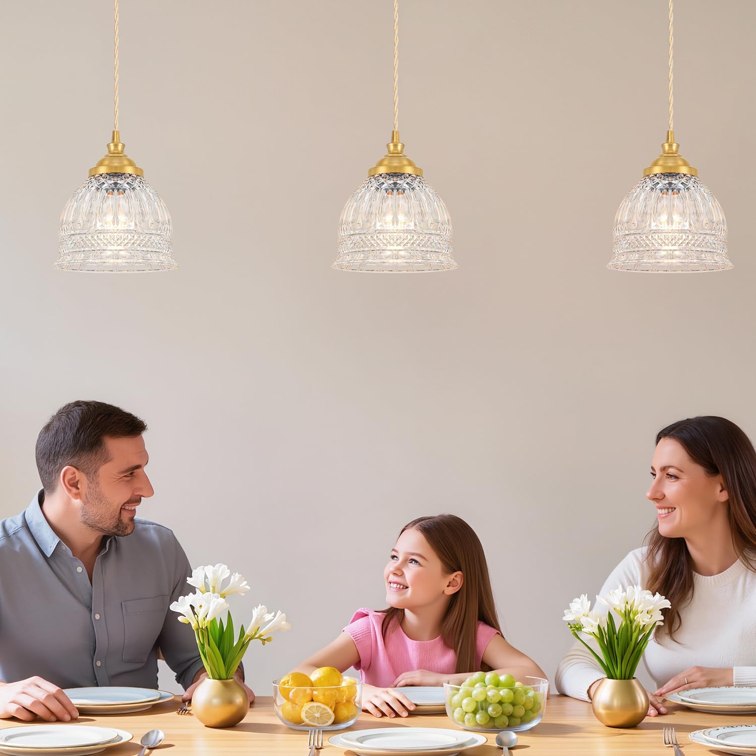 Vintage Pendant Light with Clear Glass, Antique Brushed Gold Pendant Lights Kitchen Island, 7.3''Brass Hanging Light Pendants for Bathroom Bedroom Hallway,Height Adjustable,Adapt To Different Ceiling