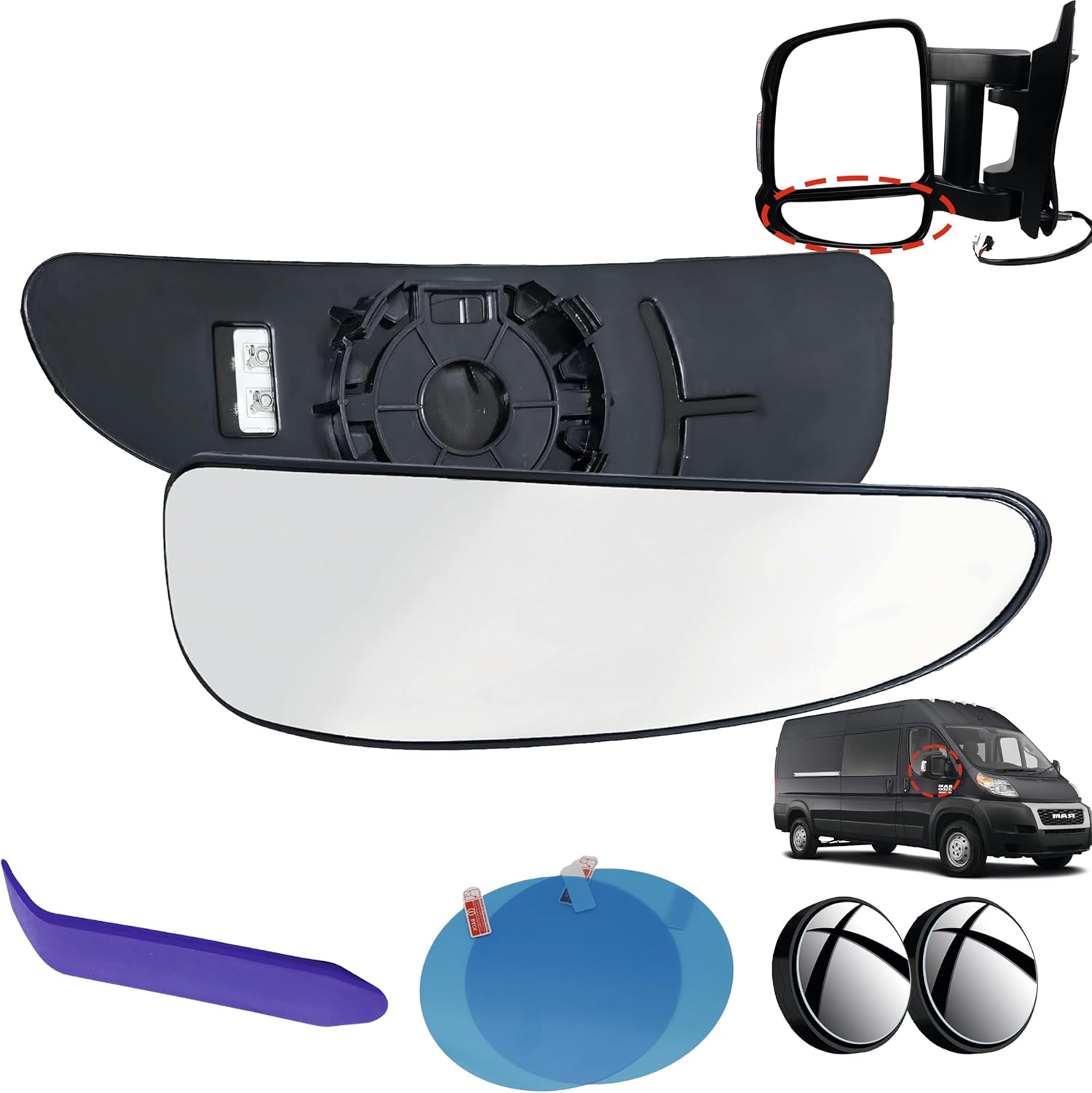 EAP Passenger Mirror Glass Compatible With RAM Promaster Short Arm 1500 2500 3500 2014-2026, ProMaster EV 2024-2026, Heated With Blind Spot