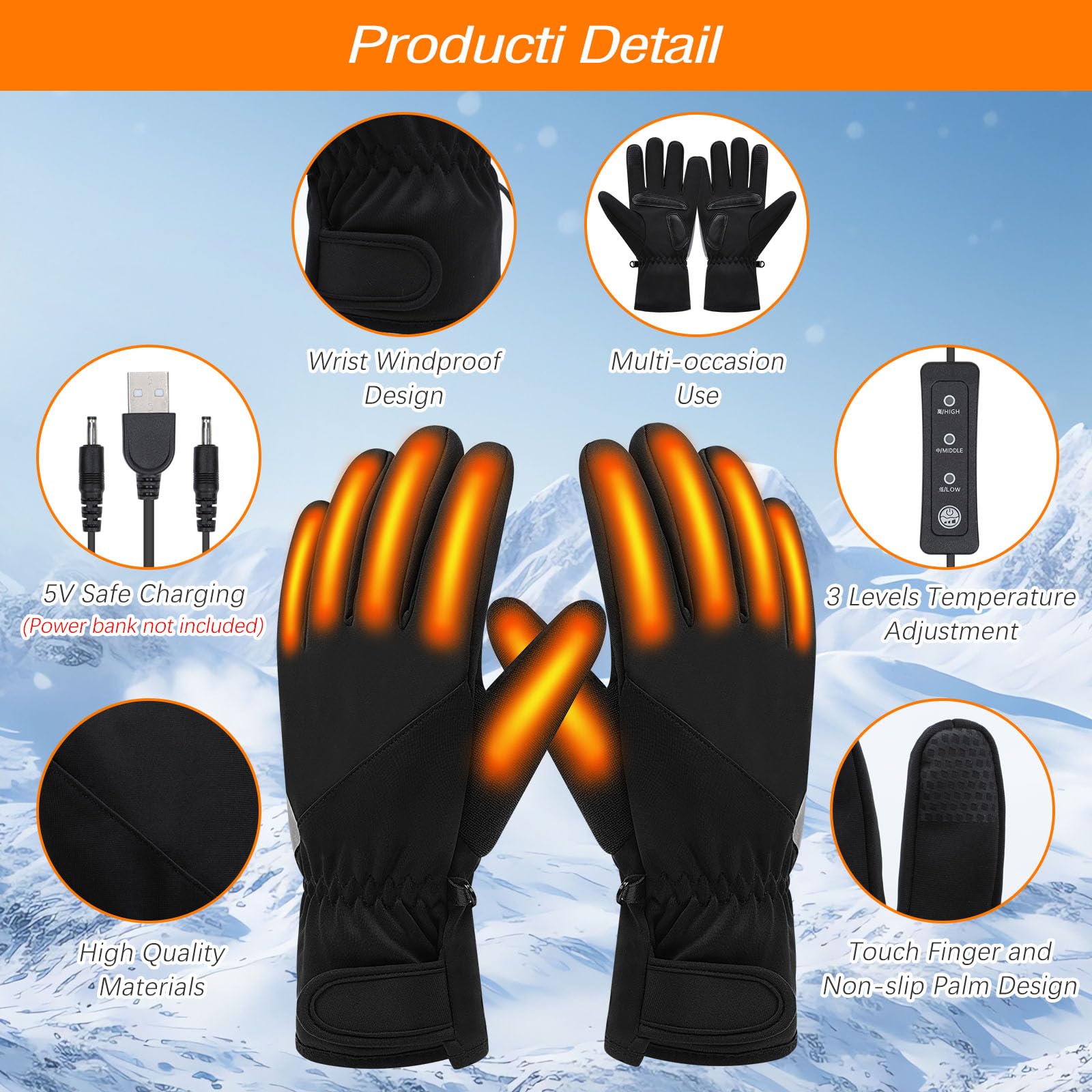 Gants Chauffants USB Électriques All-round Heating Gant Chauffant Fin Velo, Écran Tactile Antidérapant Gants Chauffants avec 3 Niveaux de Chaleur, Doublure Thermique pour Courir, Marcher, Conduire