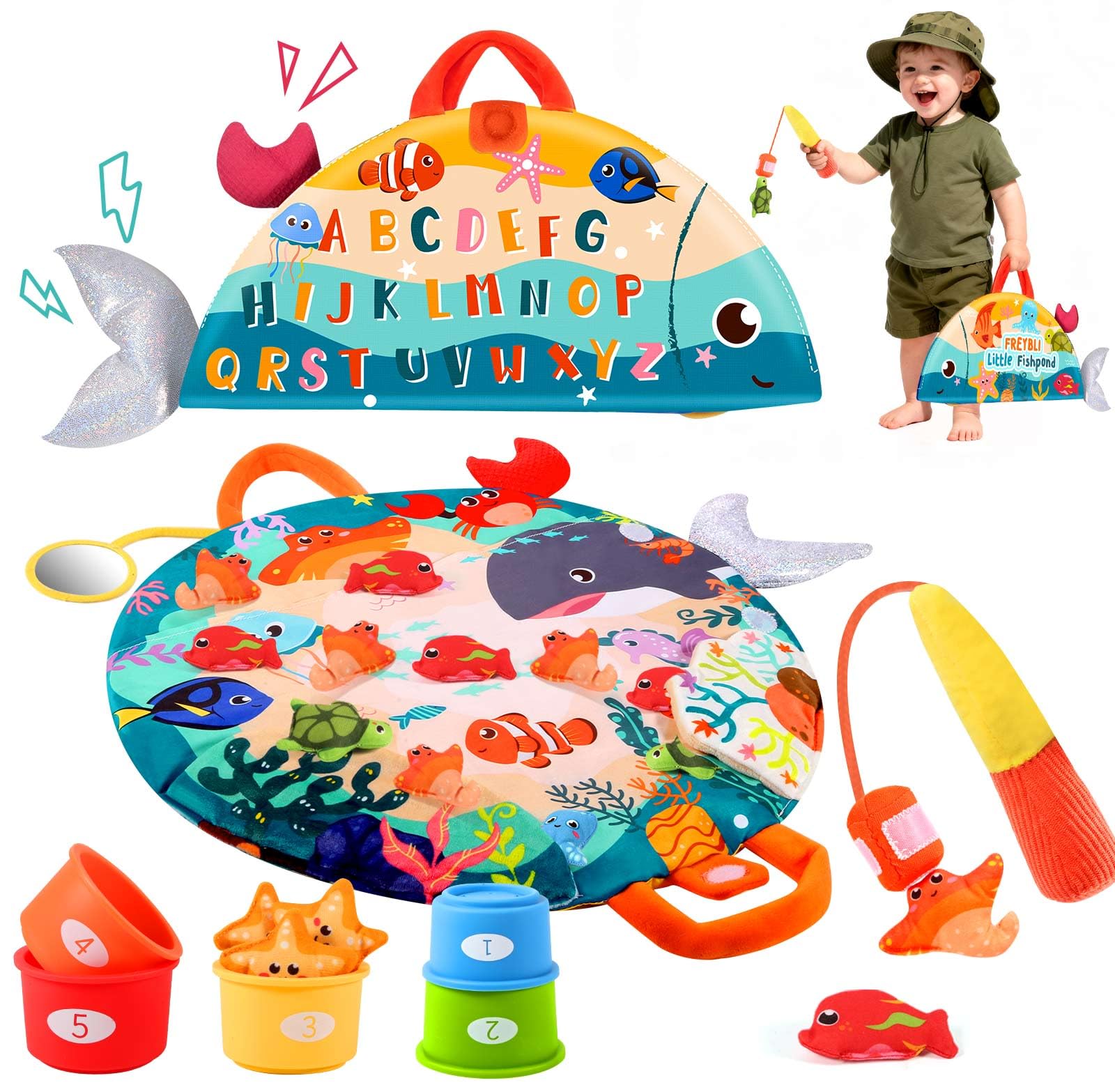 FREYBLI Montessori Toys for 1 Year Old Boy Girl Birthday Gifts - Toddler Fishing Game Toys with Stacking Cups, Mirror, Rattle - Educational Learning