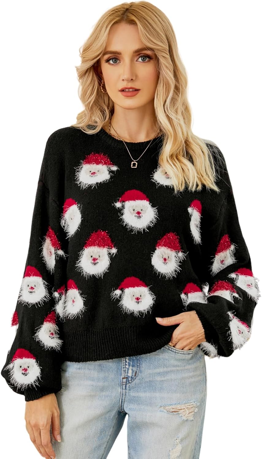 Yimoon Ugly Christmas Sweater for Women Xmas Holiday Party Funny Santa Sweater Cute Cropped Knitted Pullover Tops