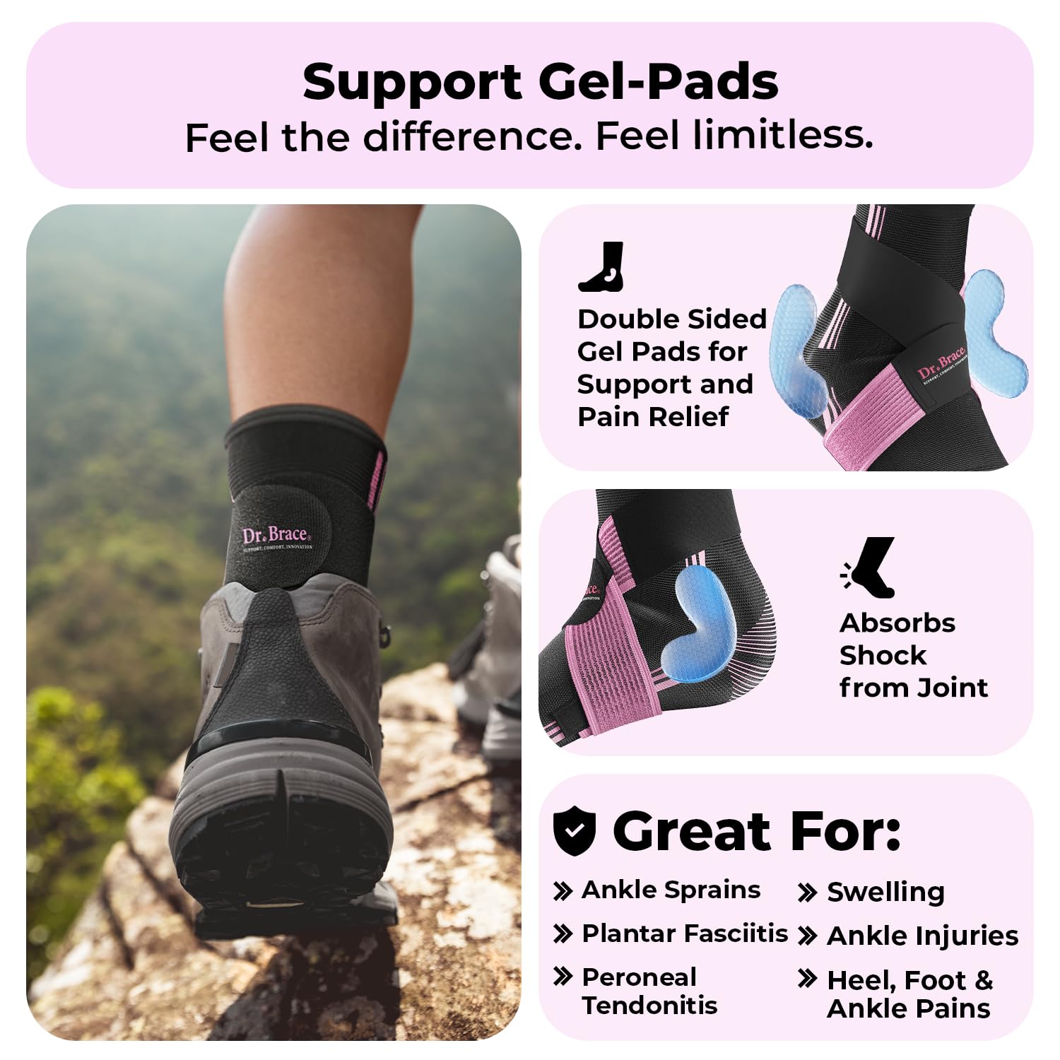 DR. BRACE ELITE Ankle Brace with strap (Black-Pink, X-Large)